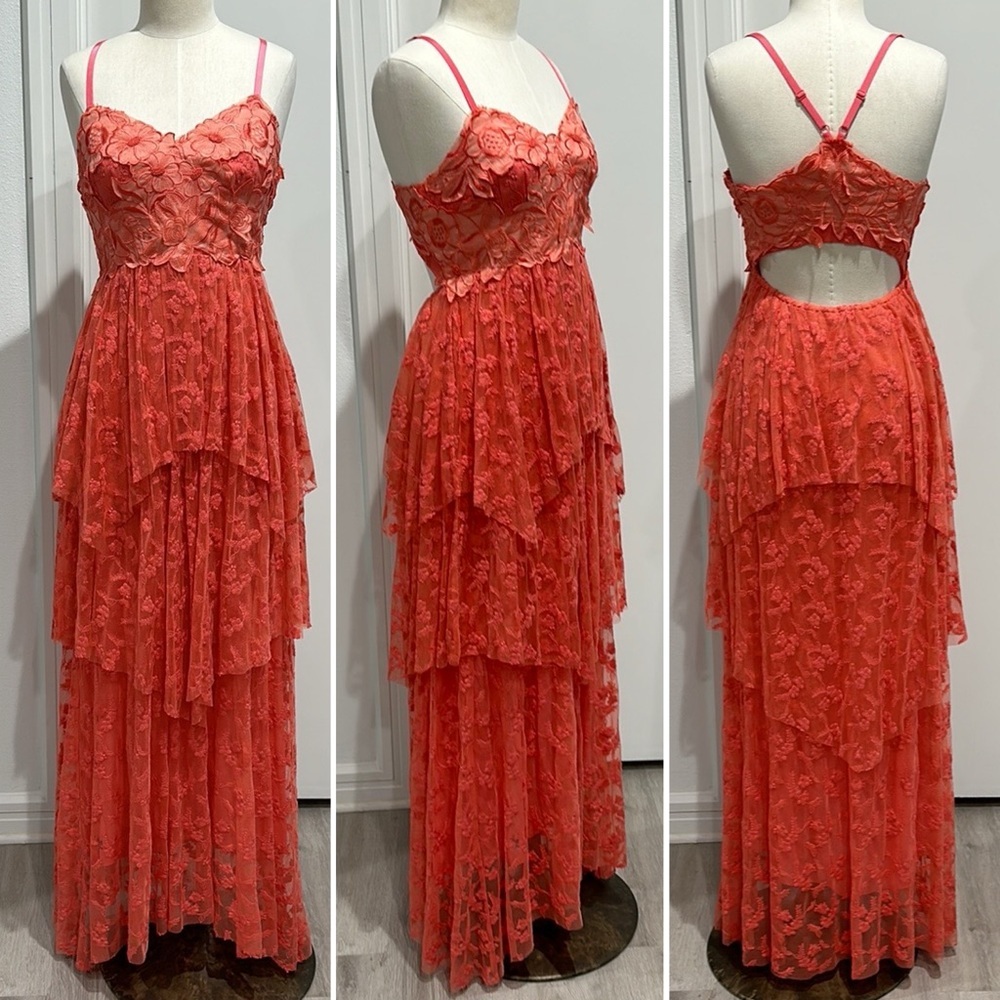 Free People Coral Flower Embroidered Tiered Lace Open Back Maxi Dress - 4 - Picture 2 of 15